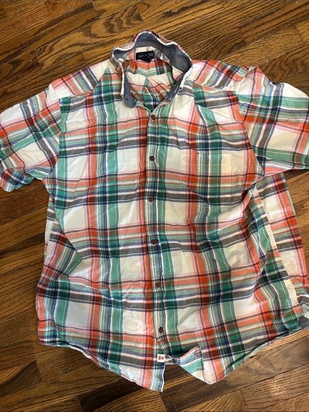 Lands' End Men's Short-Sleeve Plaid Button-Down Shirt - Green, Red, White